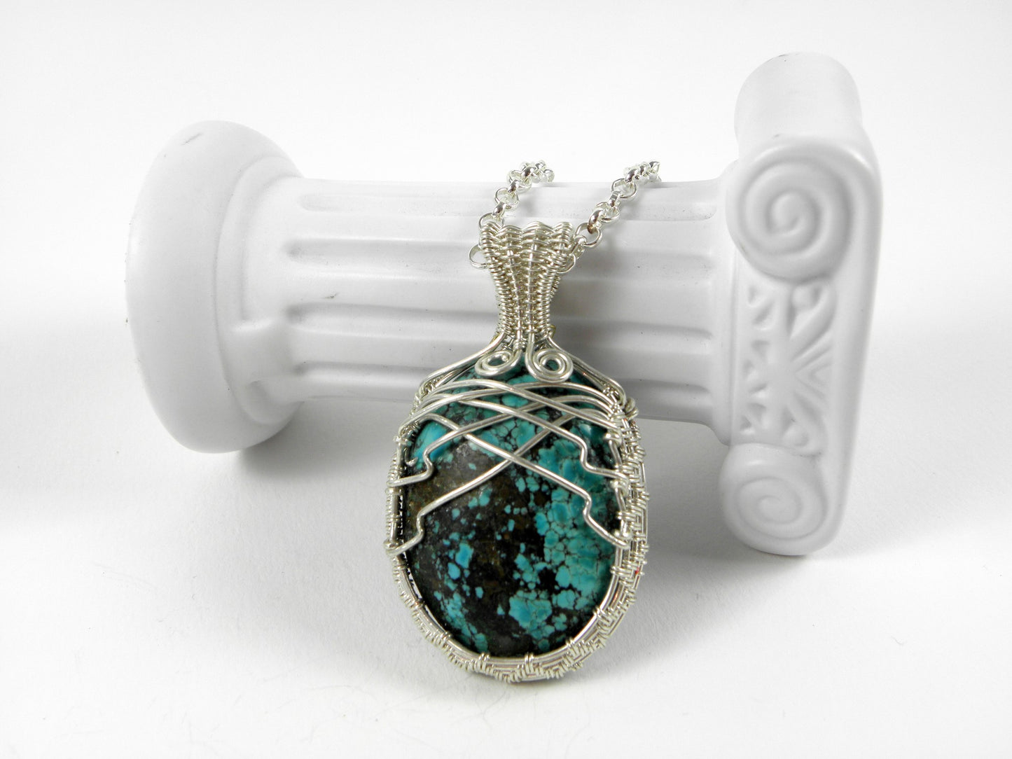 Pendentif Tudona, Turquoise tibétaine, tissé en argent massif