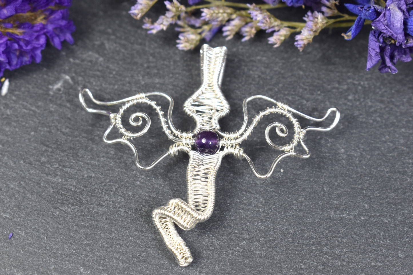 Pendentif Dragon perle améthyste, tissé en argent massif