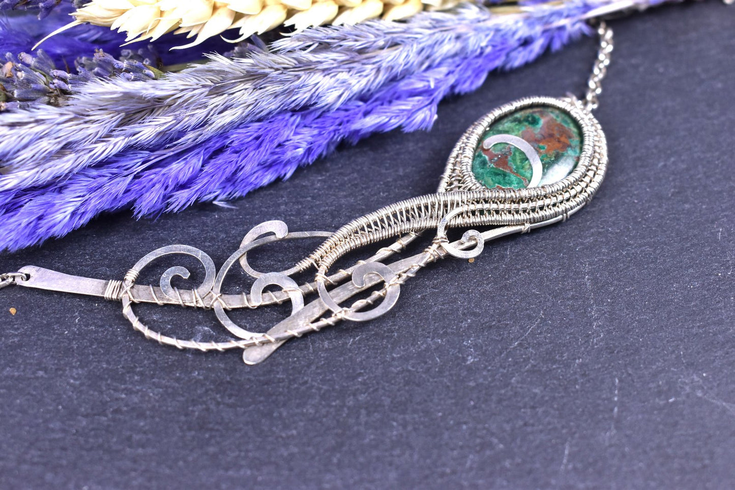 Collier "Maelaig" Chrysocolle Malachite et argent tissé main