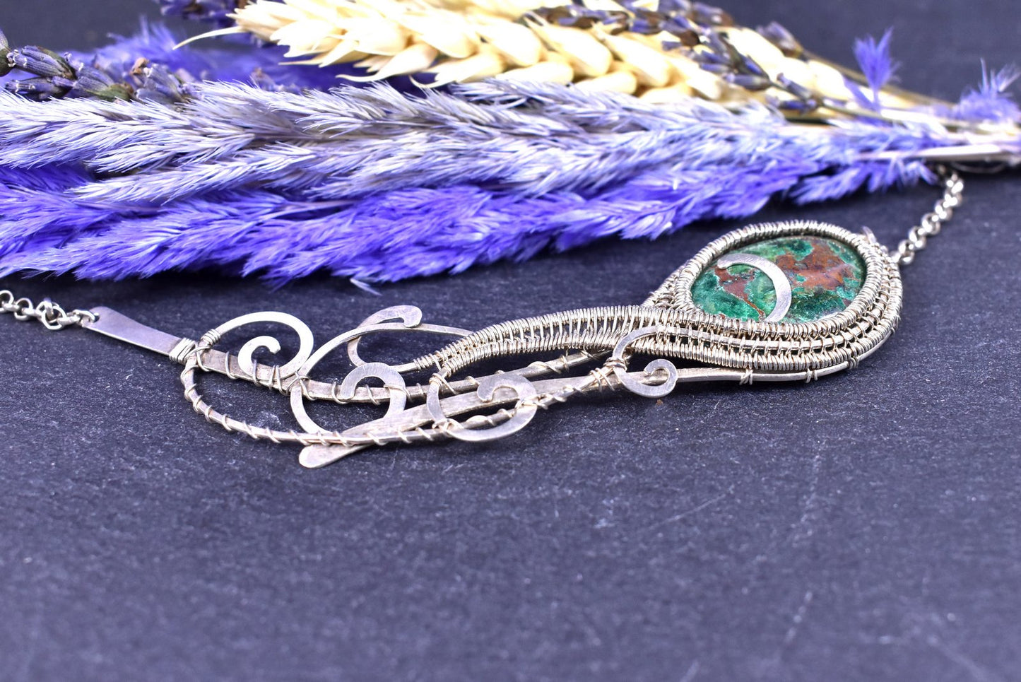 Collier "Maelaig" Chrysocolle Malachite et argent tissé main