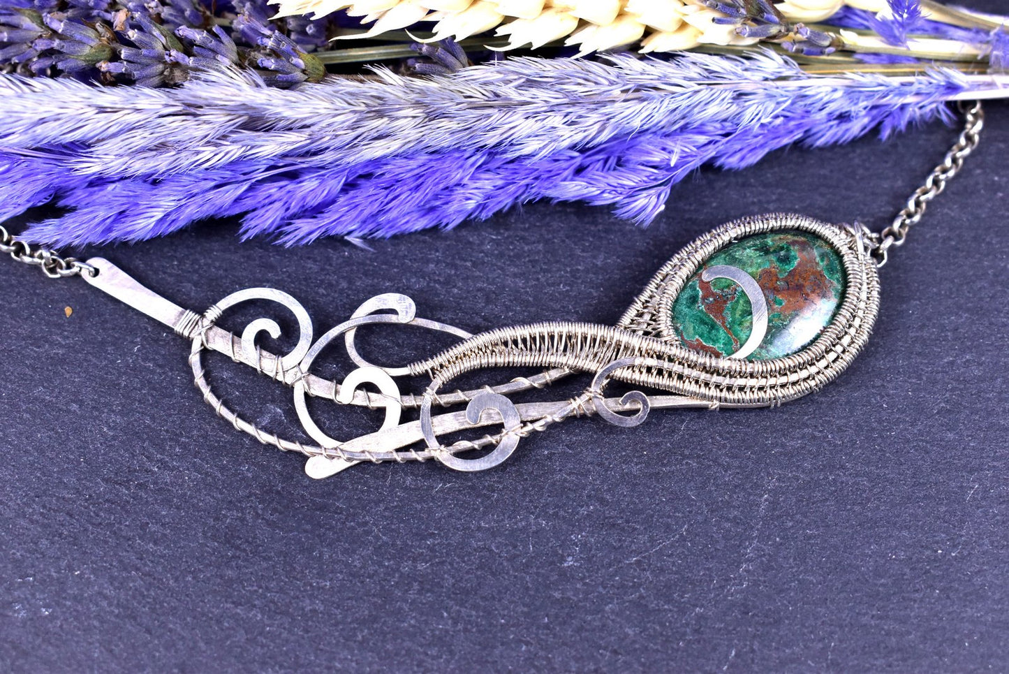 Collier "Maelaig" Chrysocolle Malachite et argent tissé main