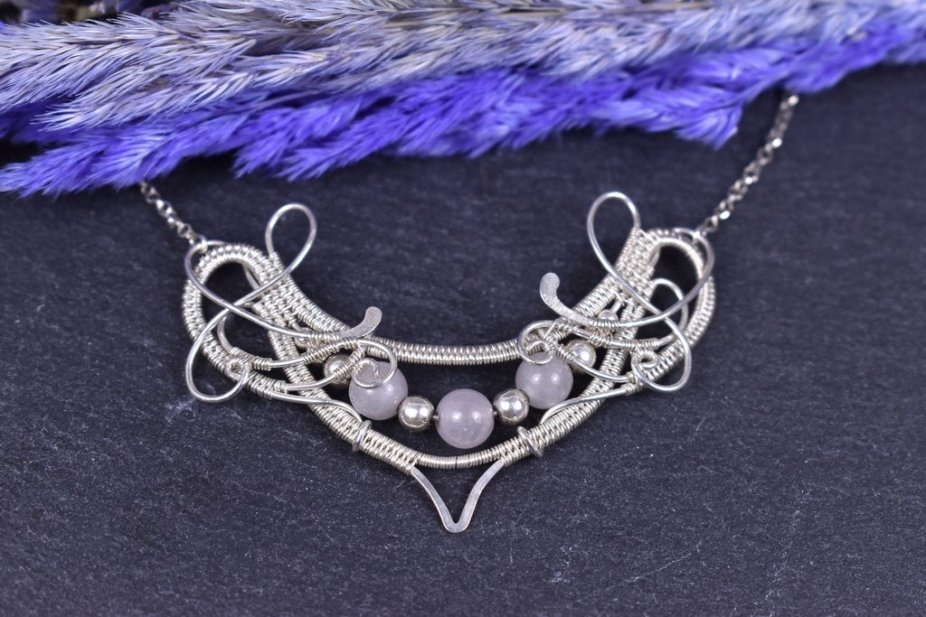 Collier "Jelana" en Quartz rose et argent tissé main