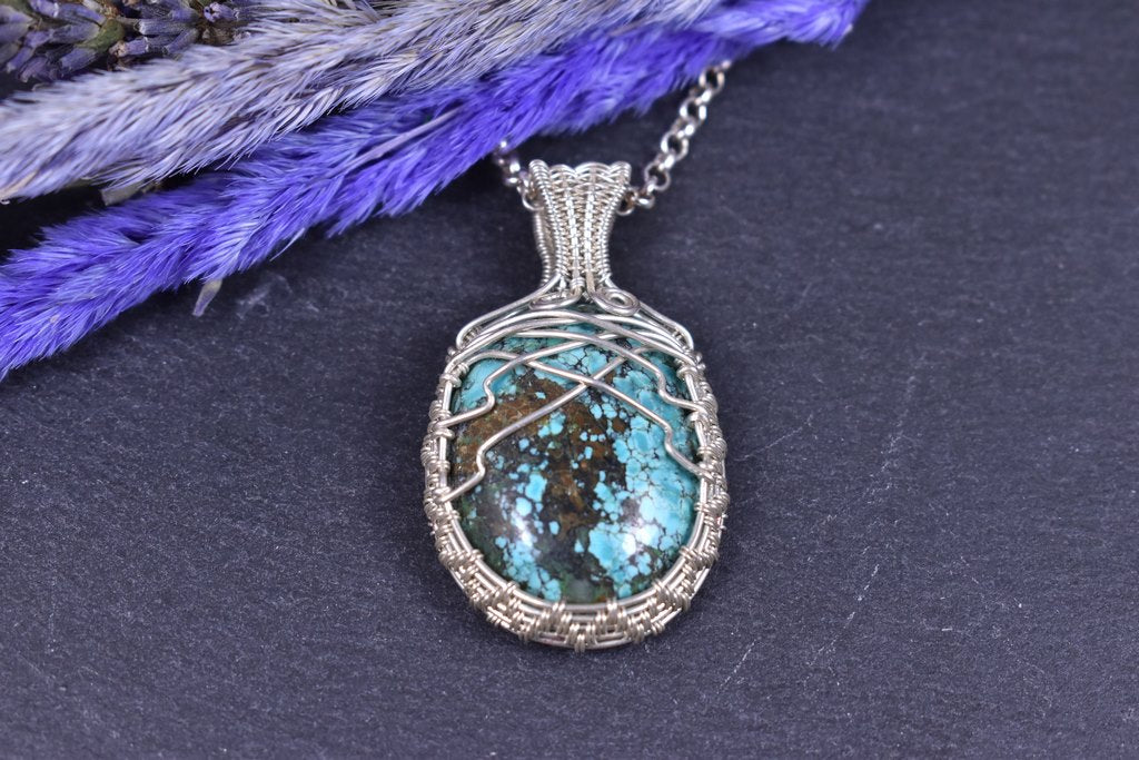 Pendentif Tudona, Turquoise tibétaine, tissé en argent massif