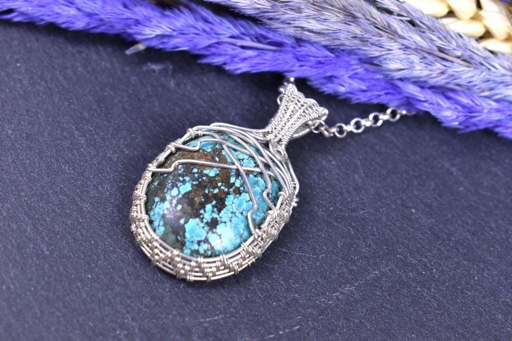 Pendentif Tudona, Turquoise tibétaine, tissé en argent massif