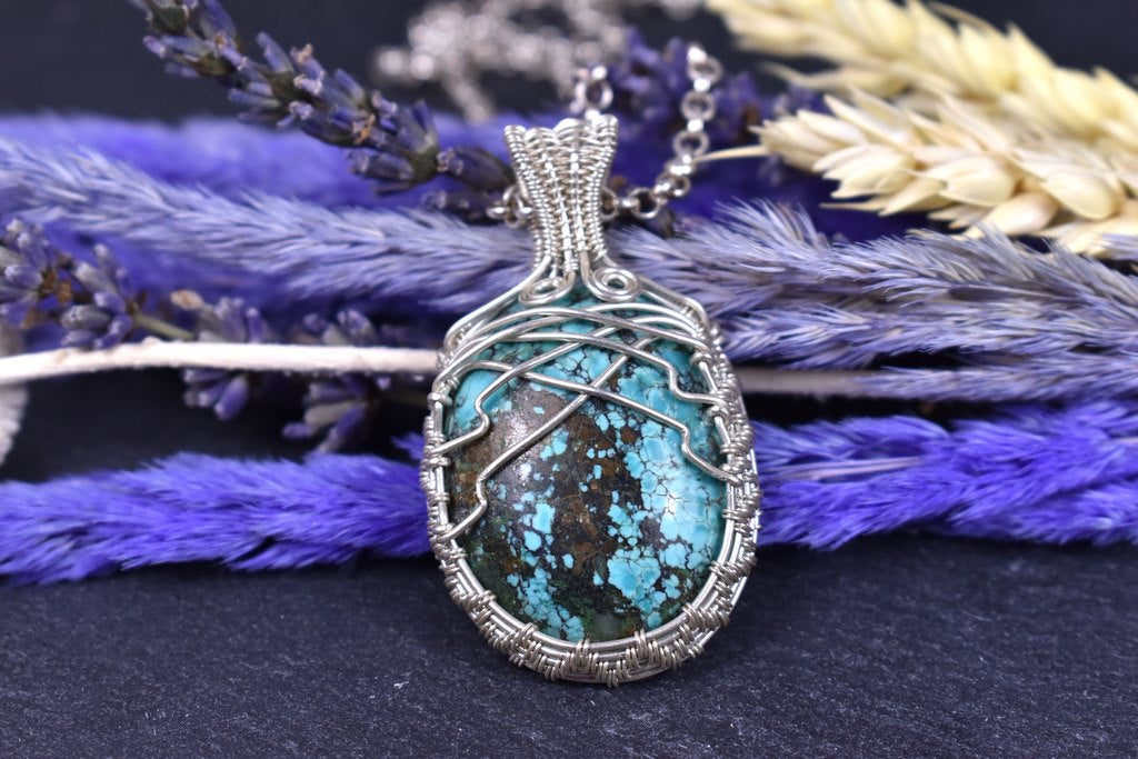 Pendentif Tudona, Turquoise tibétaine, tissé en argent massif