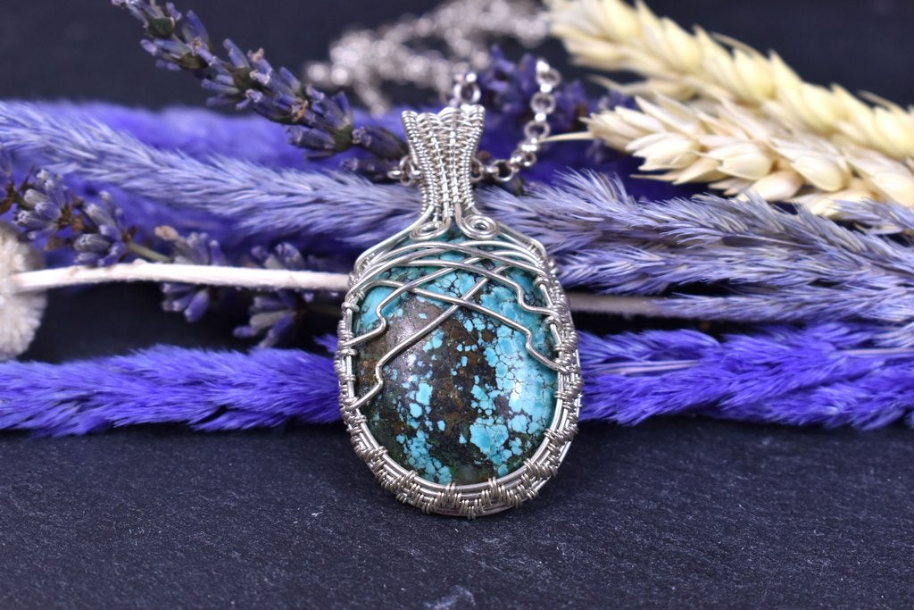 Pendentif Tudona, Turquoise tibétaine, tissé en argent massif