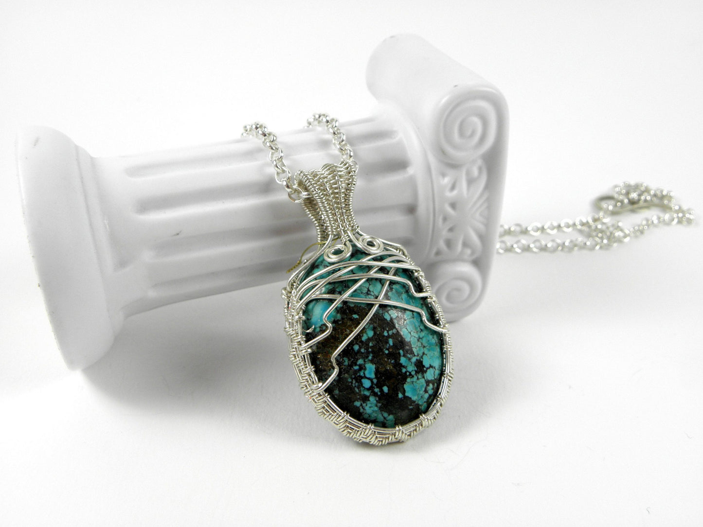 Pendentif Tudona, Turquoise tibétaine, tissé en argent massif